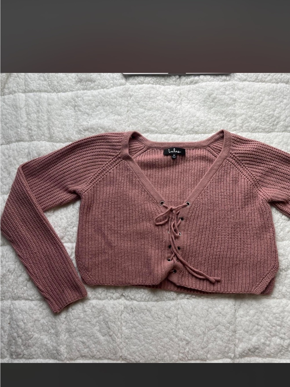 Lulu's Dusty Rose Lace-Up V-Neck Cropped Sweater